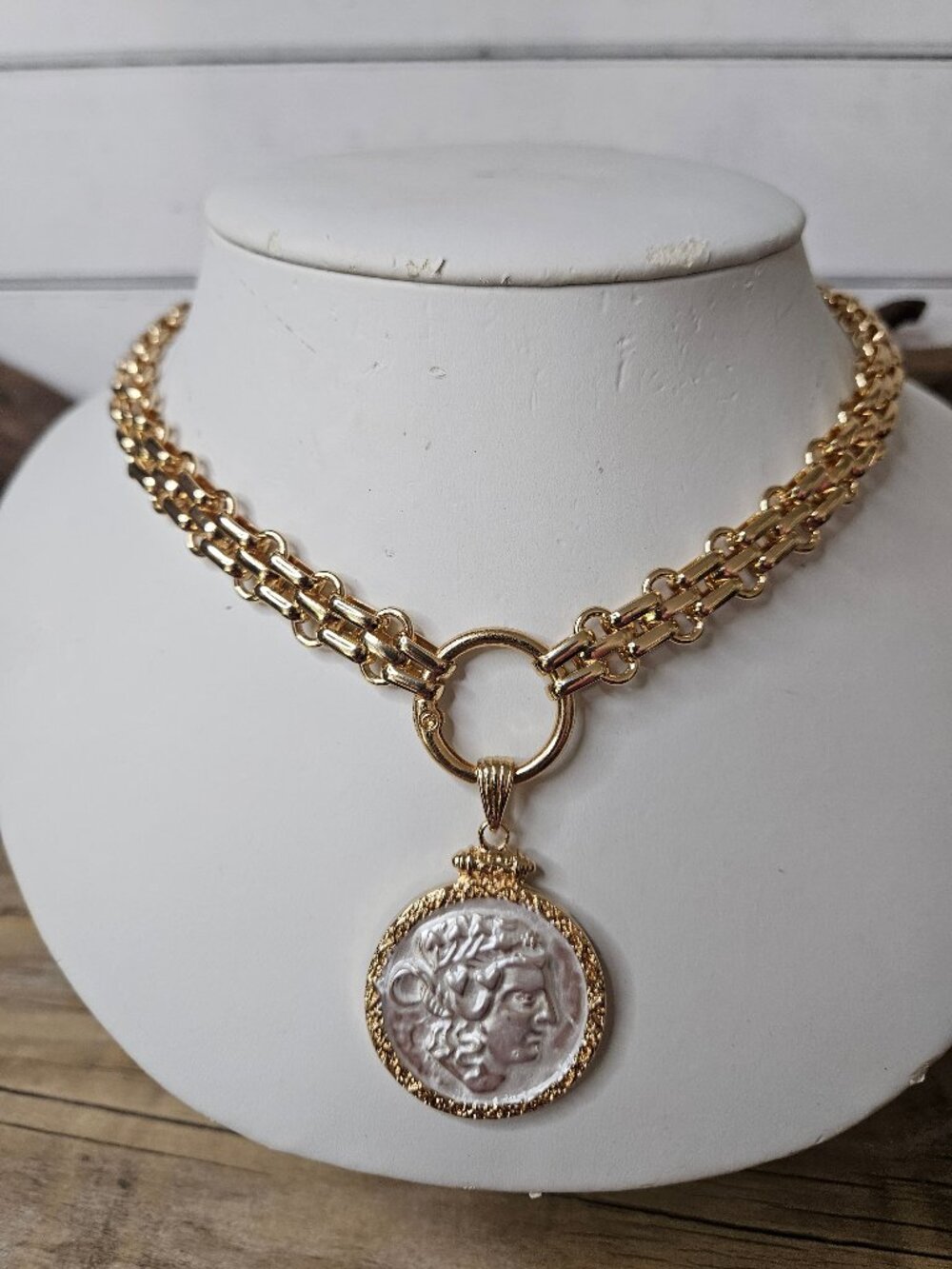 Cesar Medallion Gold Panther Chain Necklace with Coin Pendant